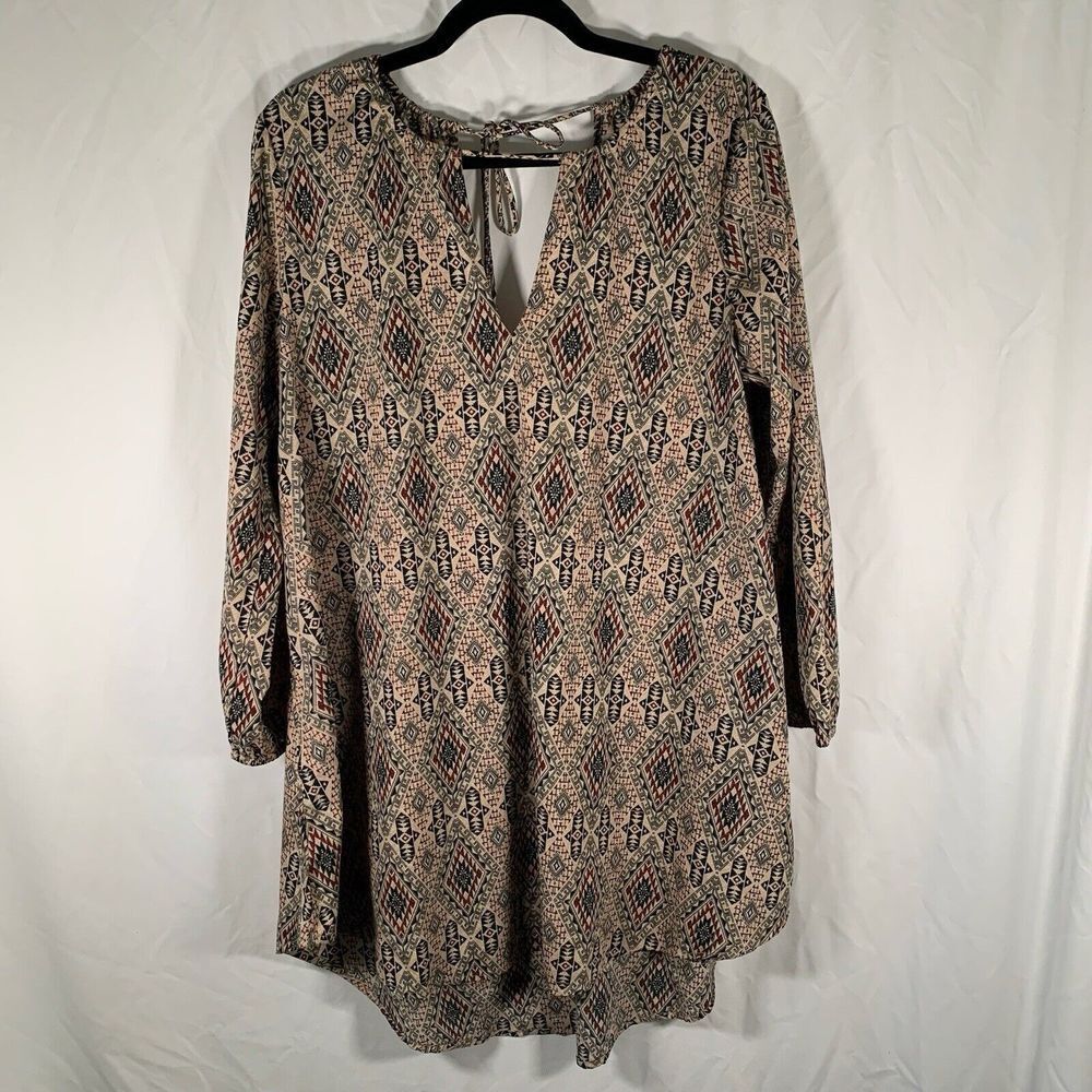 Amuse Society Mini Dress Women's Large Tan Printed Long Sleeve V-neck